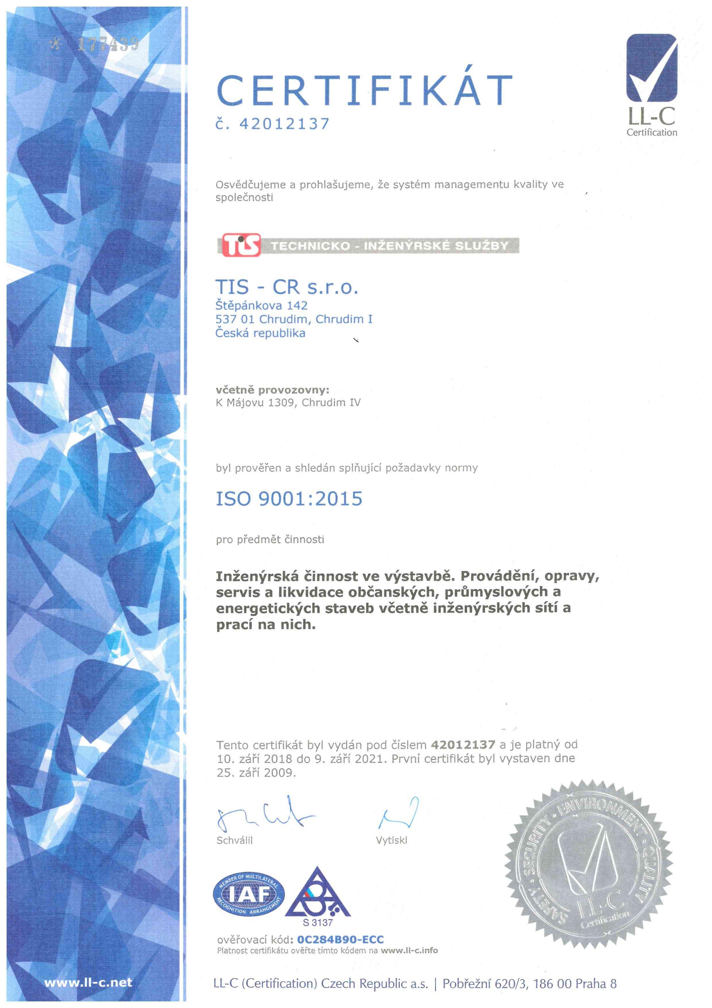 Certifikát ISO 9001:2015